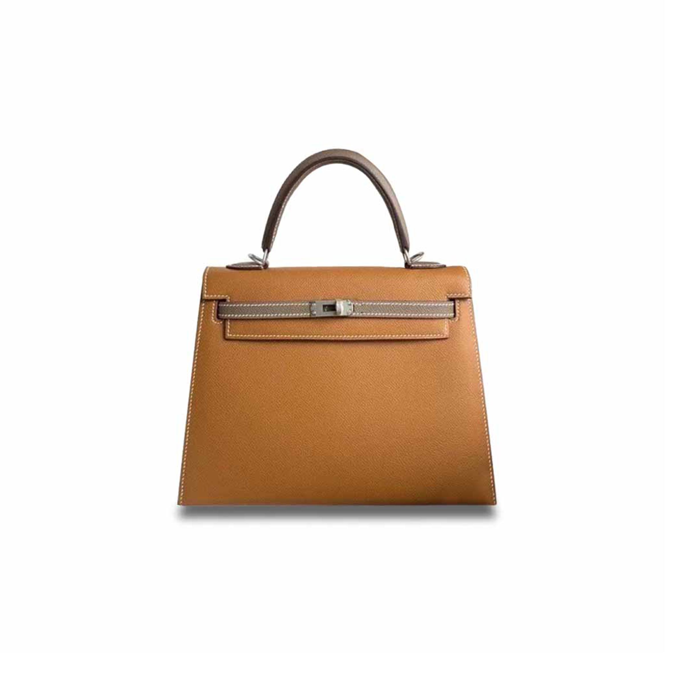 HERMÈS KELLY 25 EPSOM GOLDEN BROWN WITH ELEPHANT GRAY SILVER BUCKLE (25*17*7cm) 